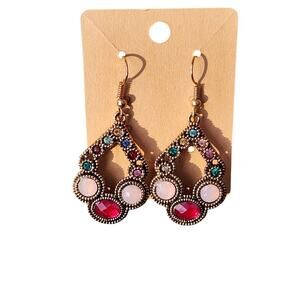 Vintage Style Multicolor Gem Drop Earrings New Gold Tone Ruby & Blush